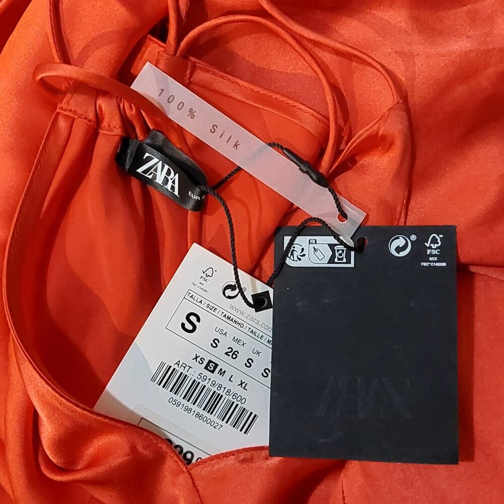 ZARA True Red, 100% Silk, Thin-Strappy, Fit-n-Flare, Maxi Slip Dress; Size: S - Picture 7 of 7